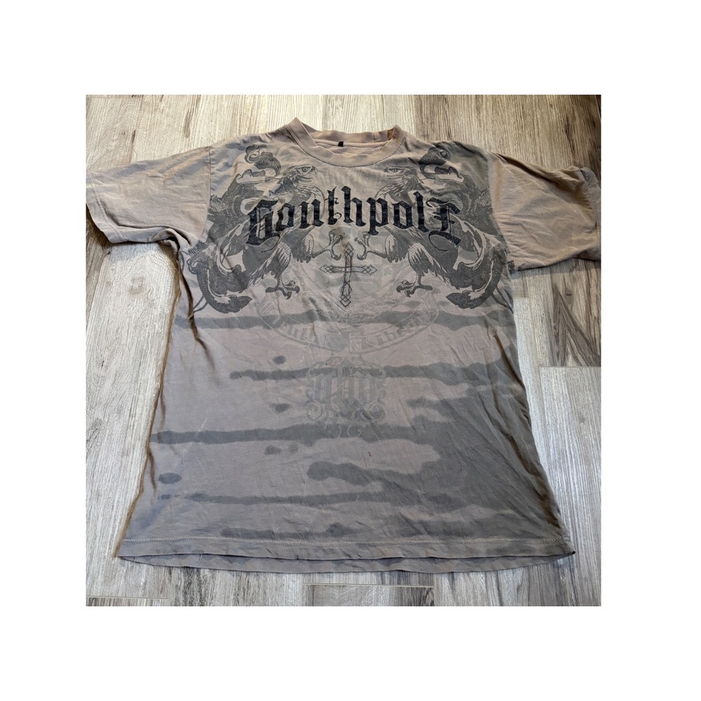 Southpole Y2K Mens Graphic T Shirt XL Eagle Cross Gothic Short Sleeve Brown